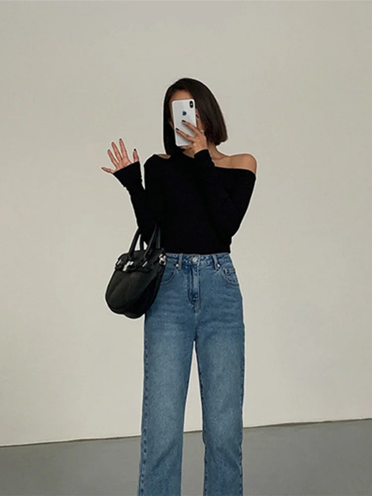 Fashion Skew Collar Off-shoulder Long-sleeved T-shirts Women Spring 2023 New Solid Slim Fit Crop Top Sexy Hollow Out Tees Shirts