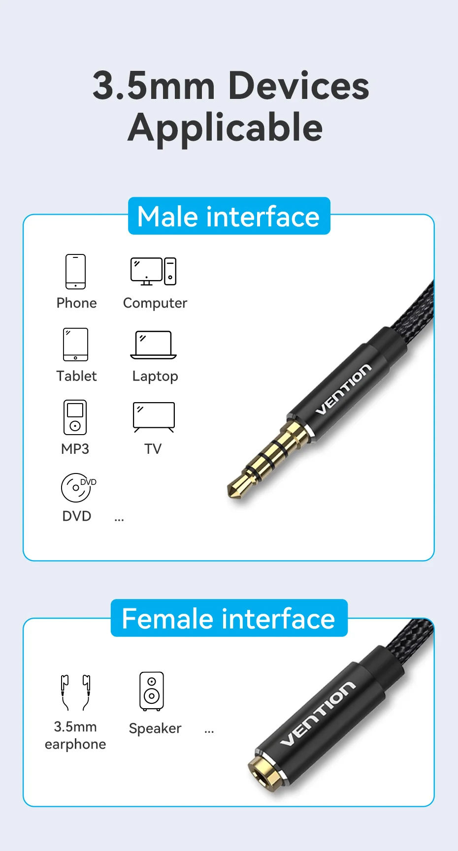 Vention 3,5 mm Stecker auf Buchse Verlängerungskabel Jack 3,5 Aux-Kabel für Auto Laptop Mini PC TV Stereo Audio Kopfhörer Lautsprecherkabel – Detail 9