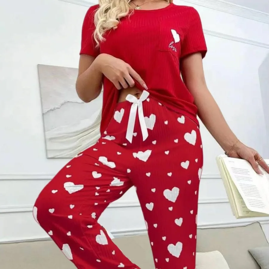 Love-themed printed design sweet short-sleeved long pants set pure sexy pajamas for summer suitable for women's home wear