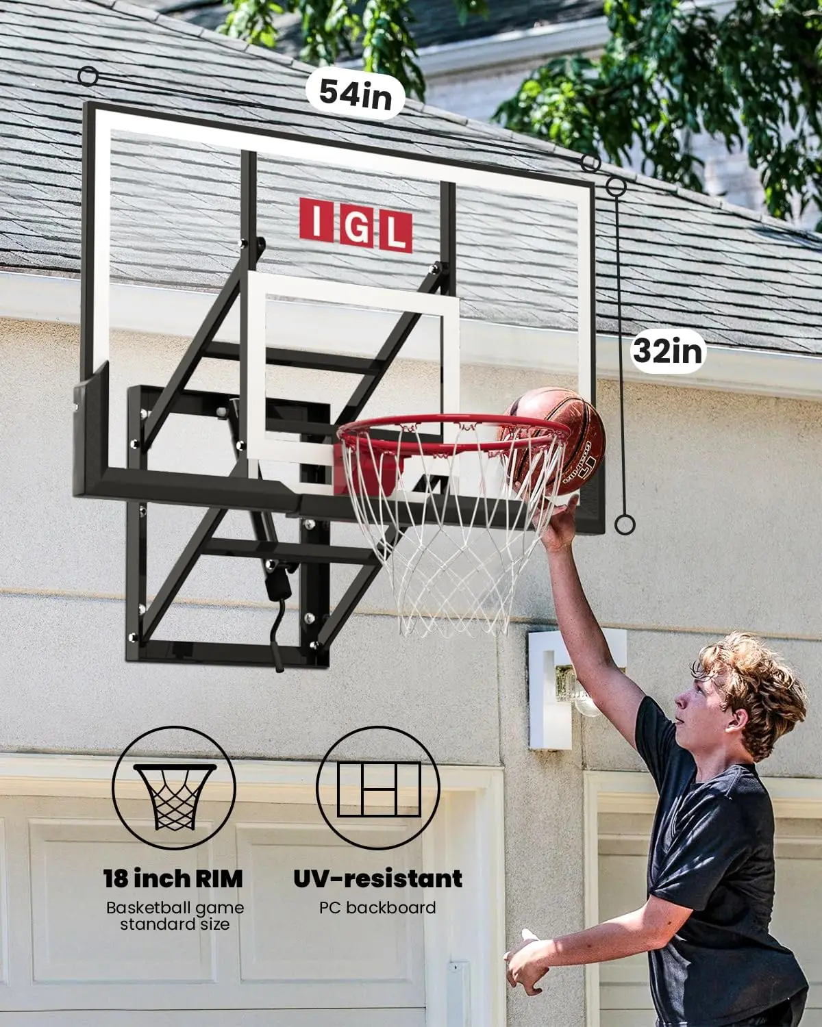 In hoogte verstelbare basketbalring voor buiten met onbreekbaar bord, 7,5ft tot 10FT, robuuste 54 inch rand voor duurzaamheid en lang