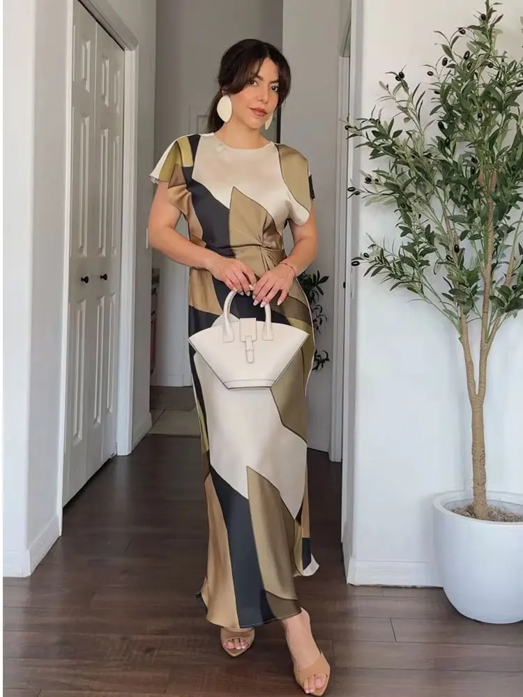 HH 2024 Women\'s Trendy Summer Midi Dresses Back Hollow Out Button Vinatge O-Neck Short Sleeve Elegant Slim Print Dresses