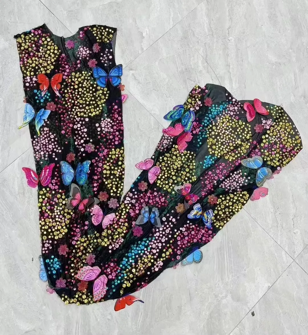 럭셔리 컬러풀 라인스톤 롱 드레스 할로윈 코스튬 나비 메쉬 여성 프롬 이브닝 축하 생일 사진 촬영 가운