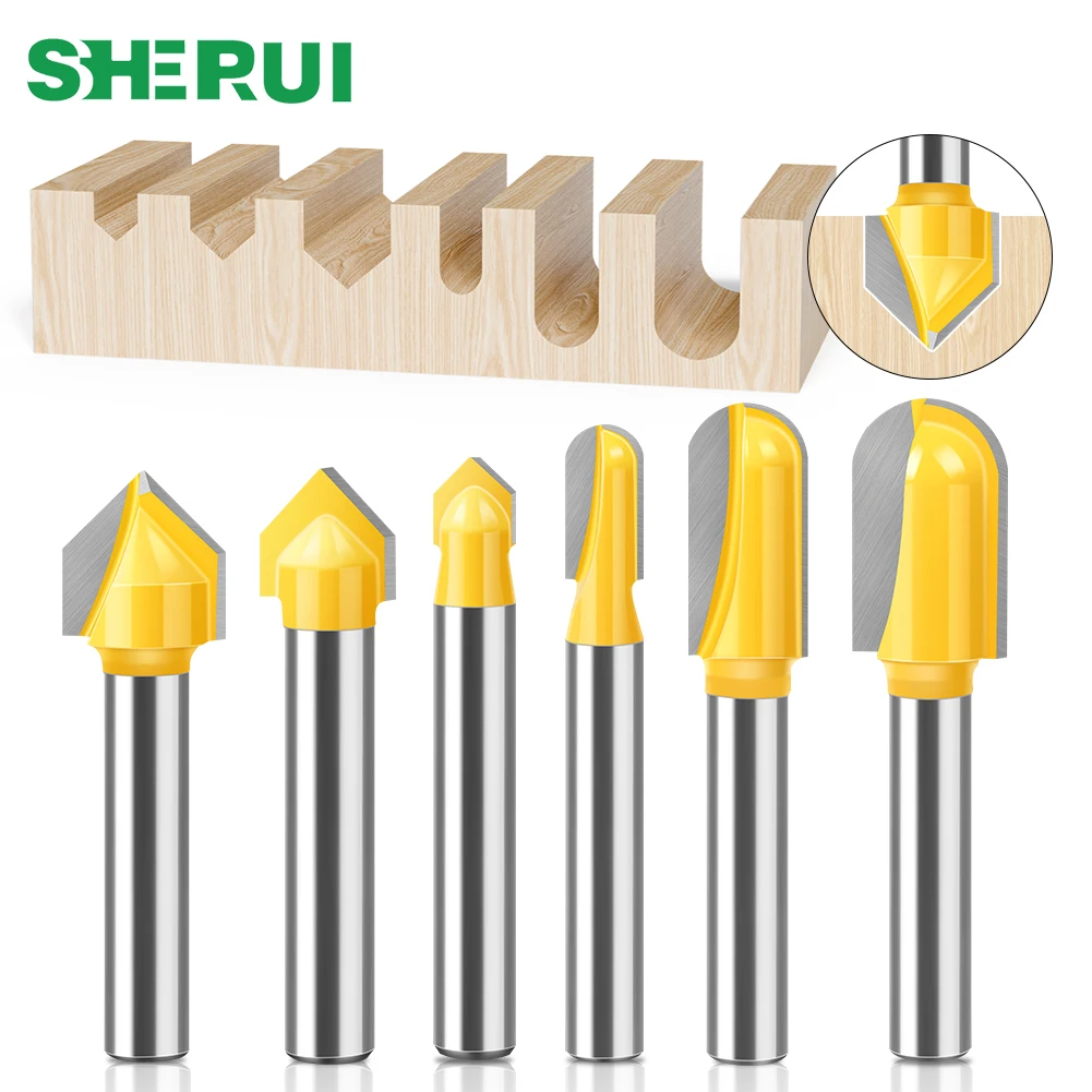 6mm 1/4" Shank Router Bits Set Core Box Bit rounf nose bit 90 Degree V-Groove Bit For Woodworking Tools