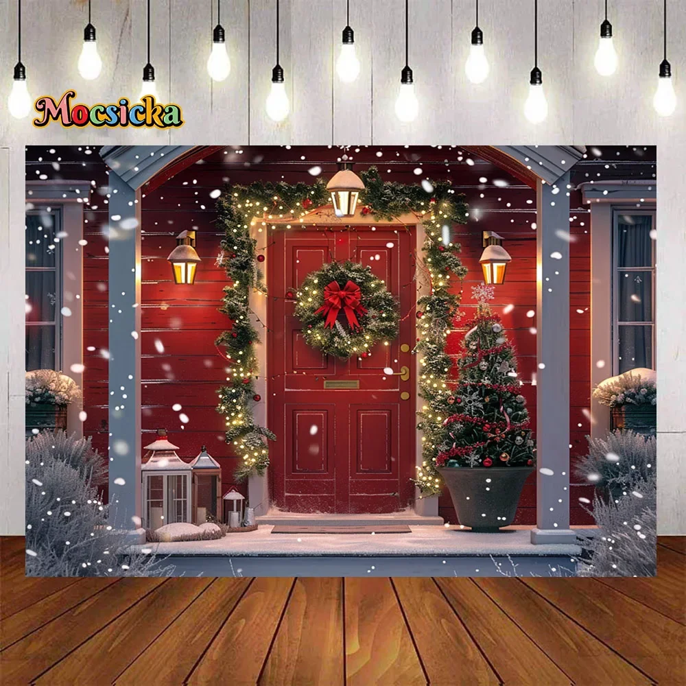 Mocsicka Red Christmas Eve Photography Background Snowflakes Xmas Wreath Backdrop Kids Winter Street Doorway Photo Studio Prop