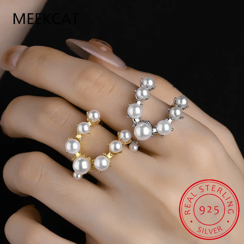 925 Sterling Silver Pearl Geometric Shape Adjustable Size 6-8 Finger Rings Fashion Platinum Plated Jewelry For Women Gift