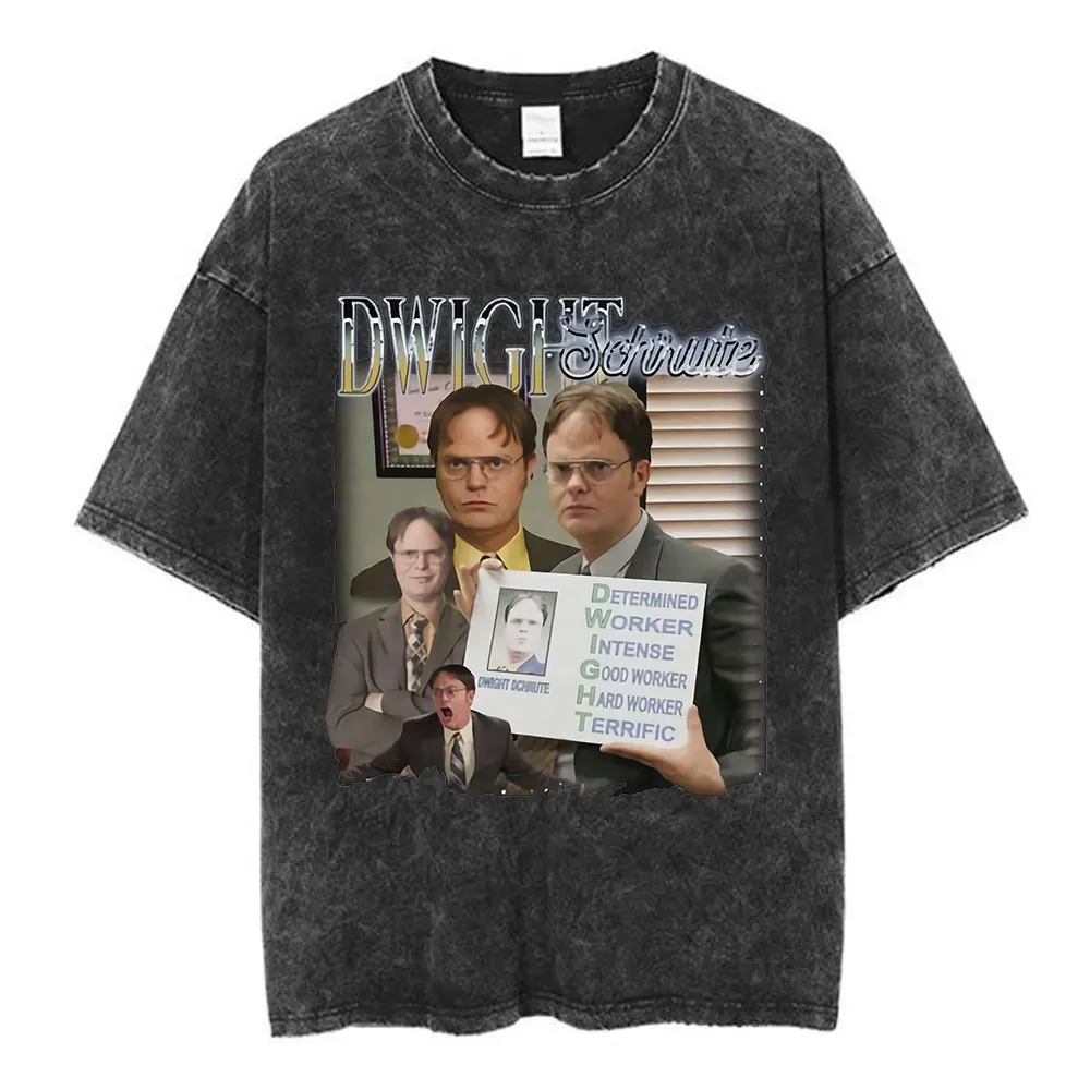 Dwight Schrute Homage Washed T Shirt Men Short Sleeved Pure Cotton T-shirt TV Show US The Office Michael Scott Fashion T-shirts