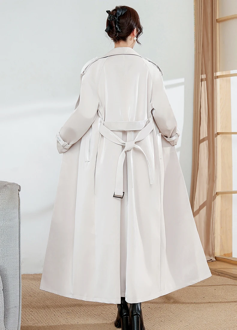 Lautaro Spring Autumn Extra Long Oversized Cool Reflective Shiny Black Patent Leather Trench Coat for Women Belt Runway Fashion