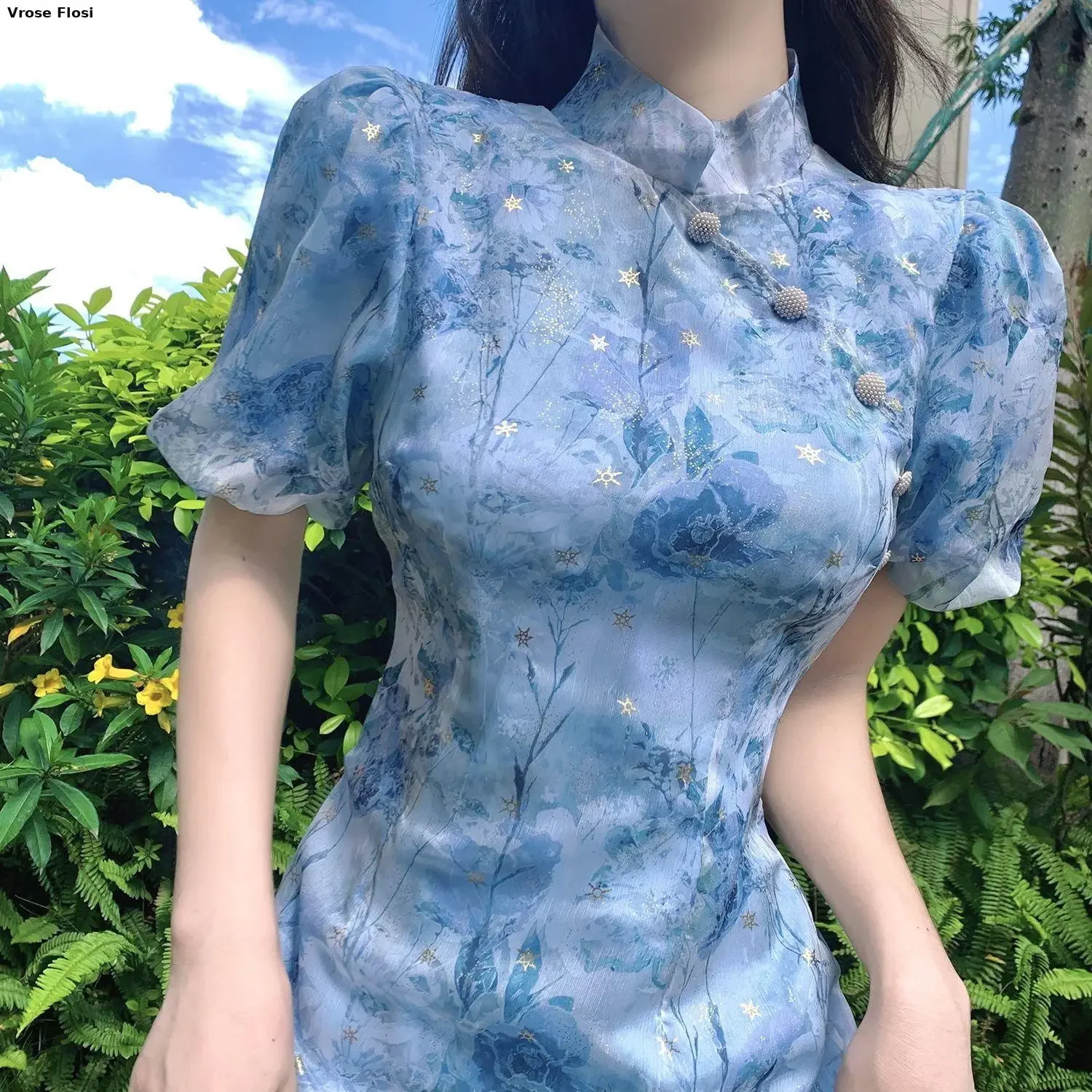 Vestido chino moderno de manga corta francés para niña, Cheongsam mejorado, vestidos de moda con estampado azul, Qipao Cheongsam 2024