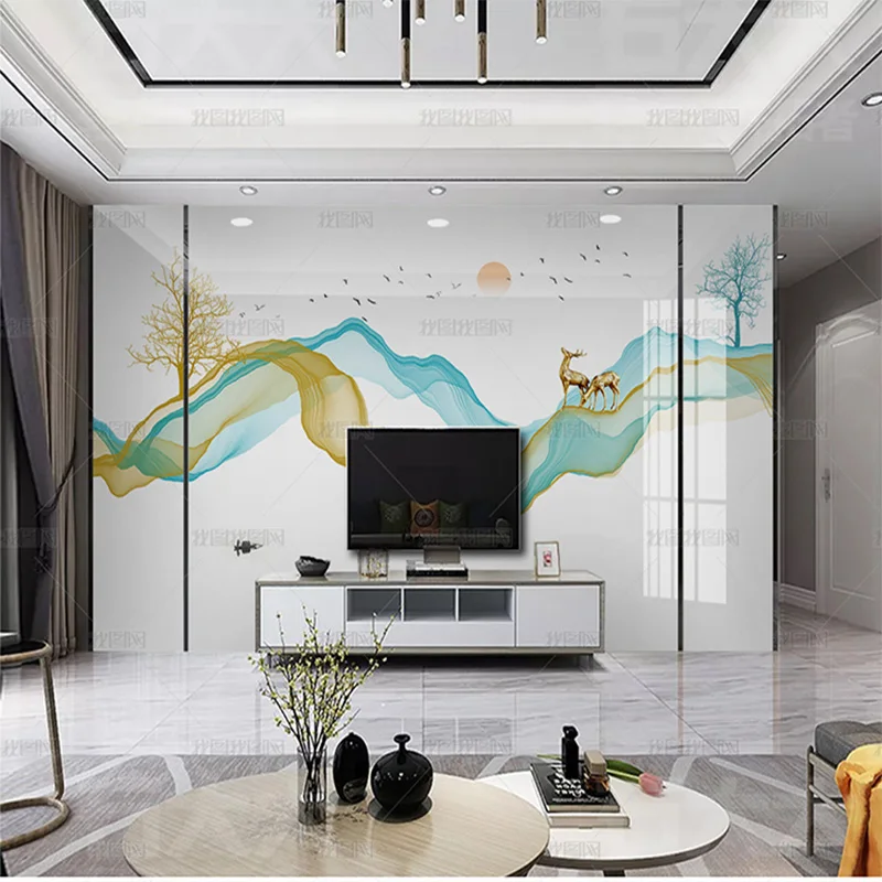 Custom 3D Chinese abstract ink mural golden birds smoke landscape elk wallpaper TV living room background wall deer bedroom 8d