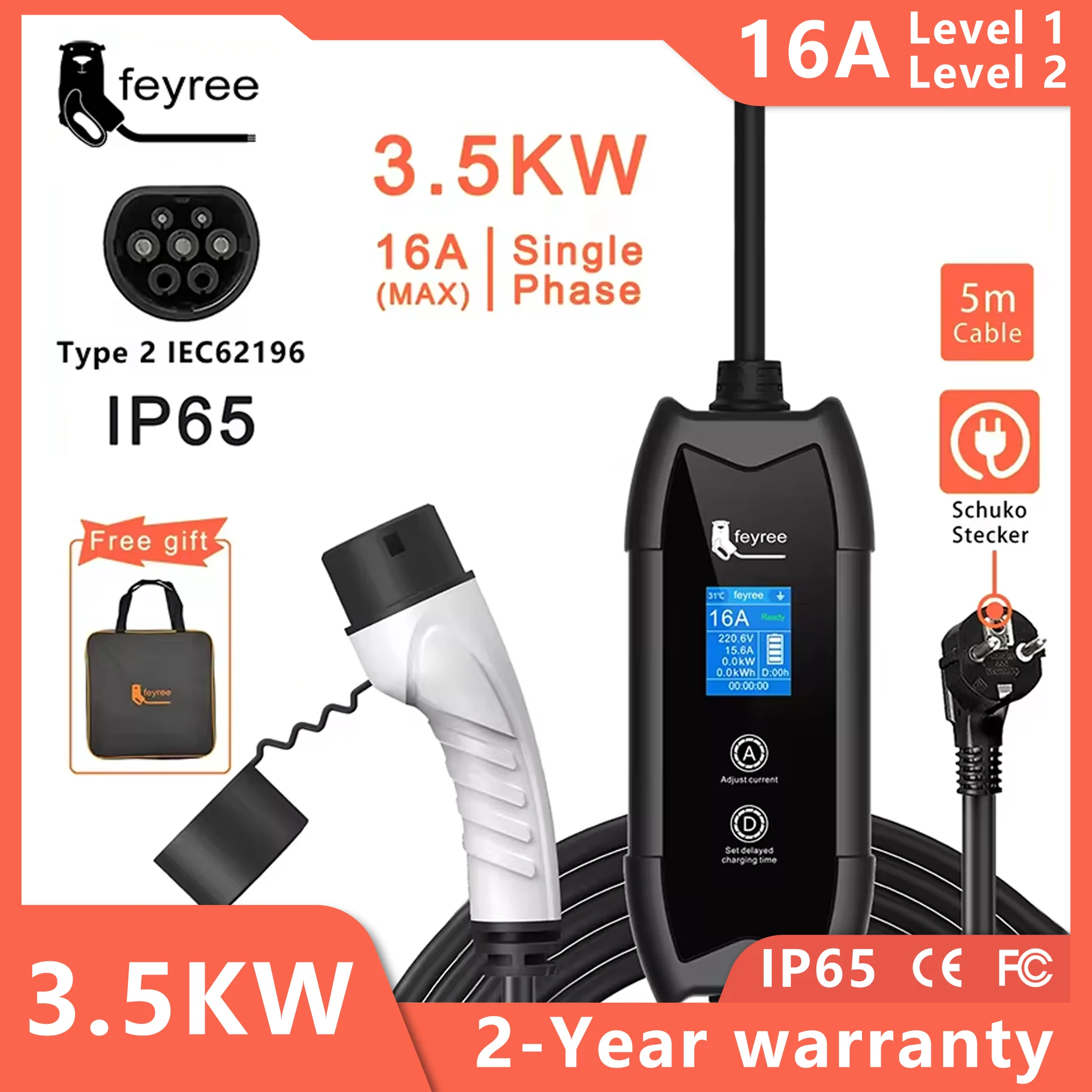 Feyree-電気自動車充電器,ポータブル充電ボックスセット,電流と遅延時間の設定,5mケーブル,タイプ2,3.5kw,16a