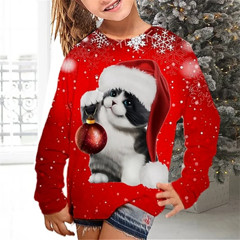 Kids Clothes Girl T-Shirt Long Sleeve Christmas 3D Cat Print Children Spring Fall Clothes Casual Round Neck Girl Clothes Tops