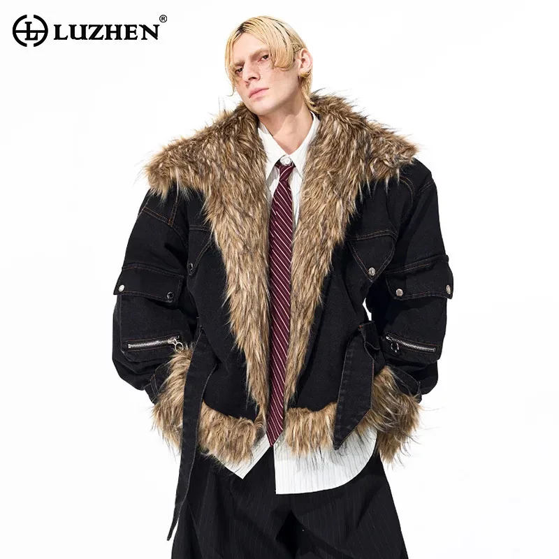 LUZHEN Fashion Personalized Faux Fur Splicing Design Thickened Warm Winter Parka Coat Men's 2025 New Streetwear Clothes JY4867