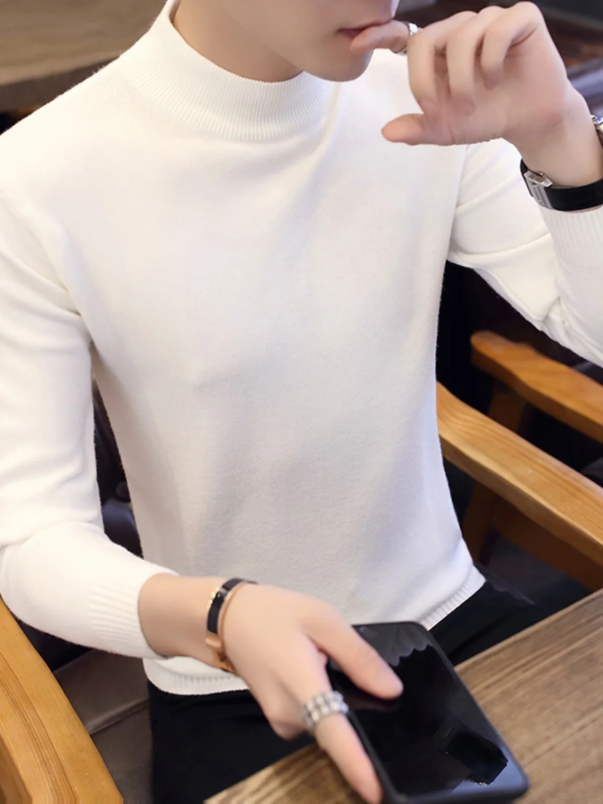 قميص رجالي محبوك بأكمام طويلة، عصري ودافئ، أنيق لفصلي الخريف والشتاء، إصدار جديد بلون موحد وياقة عالية مضادة للبكتيريا #4