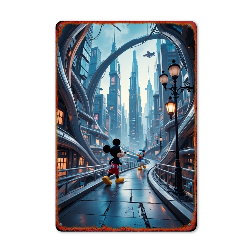[مسطح] قطعة واحدة من فن الحائط المعلق بالحديد مقاس 8 × 12 بوصة - مغامرة مدينة ميكي ودونالد داك المستقبلية، حضري نابض بالحياة والمغامرة