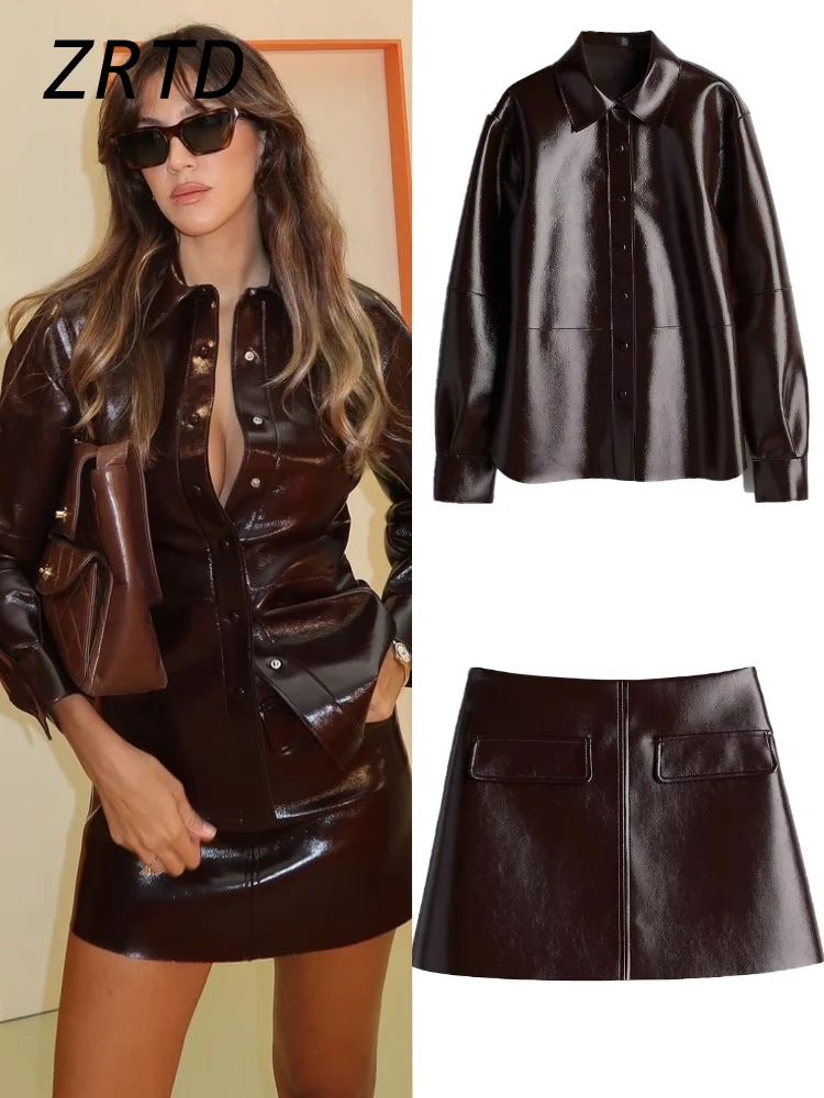 

Street Leather Jacket Short Skirt Set Women O-neck Single Breasted Jackets Sexy Mini Skirts 2024 Autumn Lady Locomotive Outfits