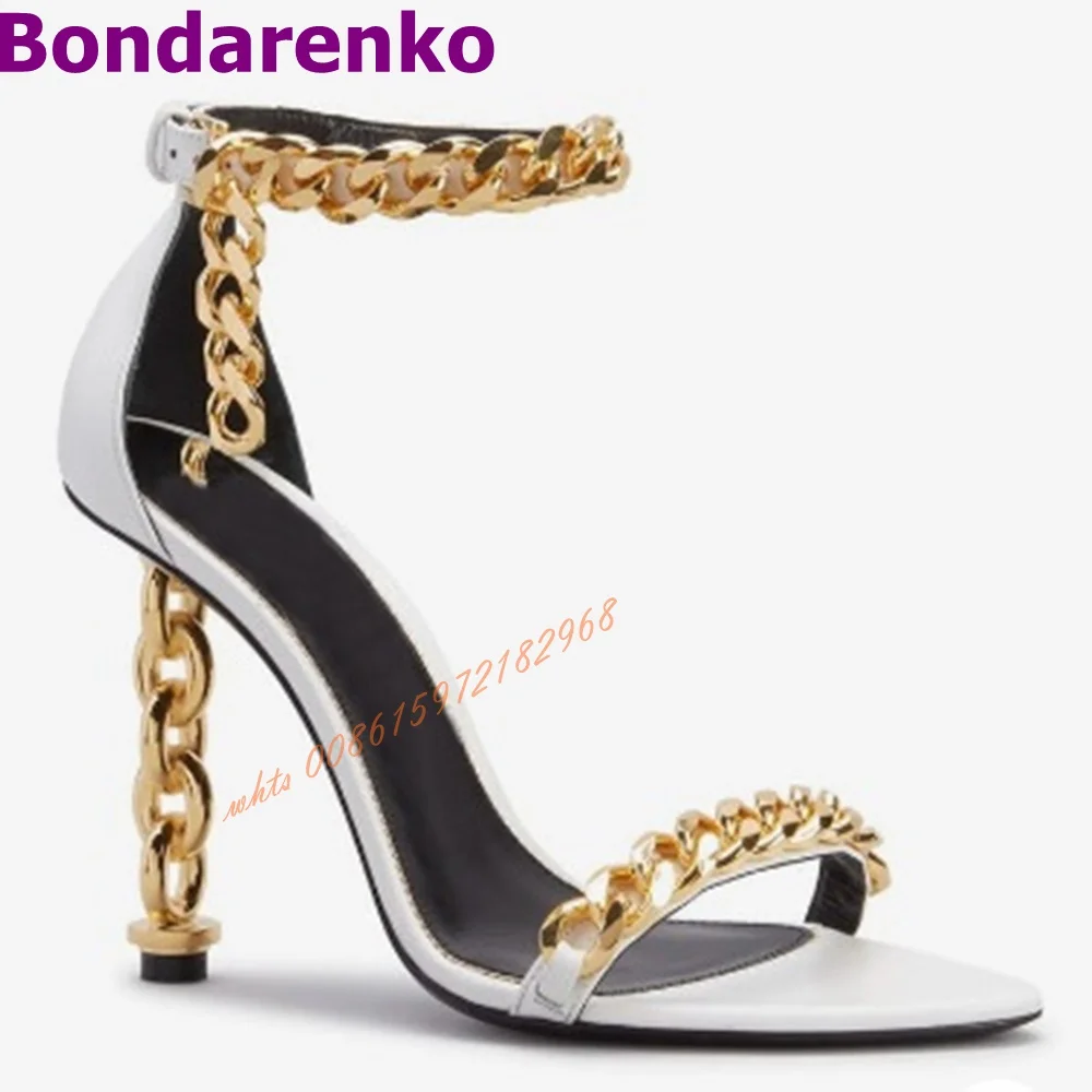 Sexy Chain Heels Sandals Pointed Toe Gold Metal Decor Ankle Straps Sandal Women Shoes Hollow Buckles Leather Designer Party Shoe