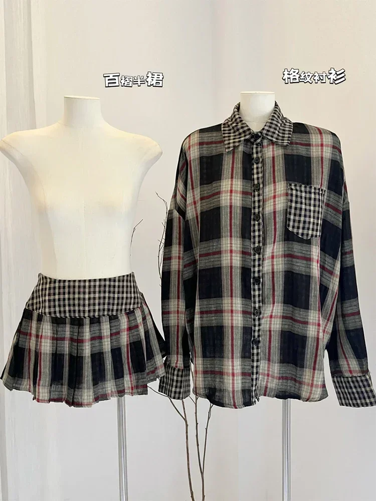 Autumn Women Suits Korean Fashion Vintage Gyaru Y2k Old Money Plaid Outfits 2 Piece Set Long Sleeve Blouses Mini Pleated Skirt