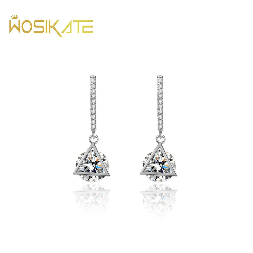 WOSIKATE Trendy Triangle Dangle Earrings For Women Set With Zirconia Moissan Stones 925 Sterling Silver Jewellery Stud Earrings