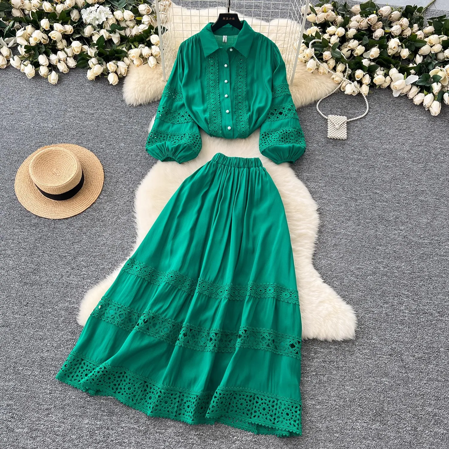 Vintage Embroidery Two Piece Set Women Long Sleeve Hollow Out Lace Blouses + High Elastic Waist Long Skirts Suit Female Outfits