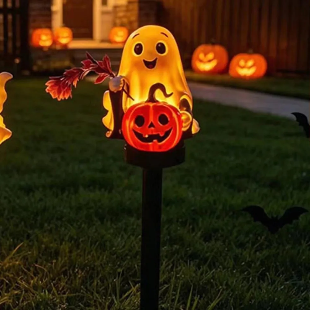 Cute Solar Halloween Lights Waterproof Pumpkin Design Solar Ghost Pumpkin Lights Resin Figurine Solar Powered Lawn lamp