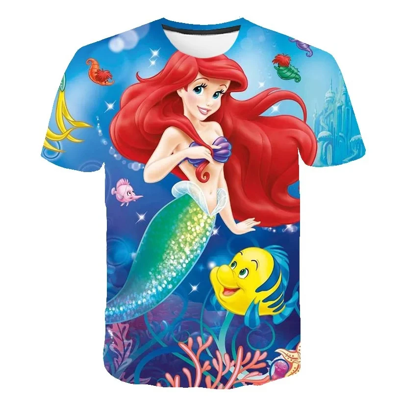 Disney-Princesa Ariel das crianças 3D impressão T-shirt da sereia, tops casuais infantis, lindos desenhos animados Tees, roupas das meninas