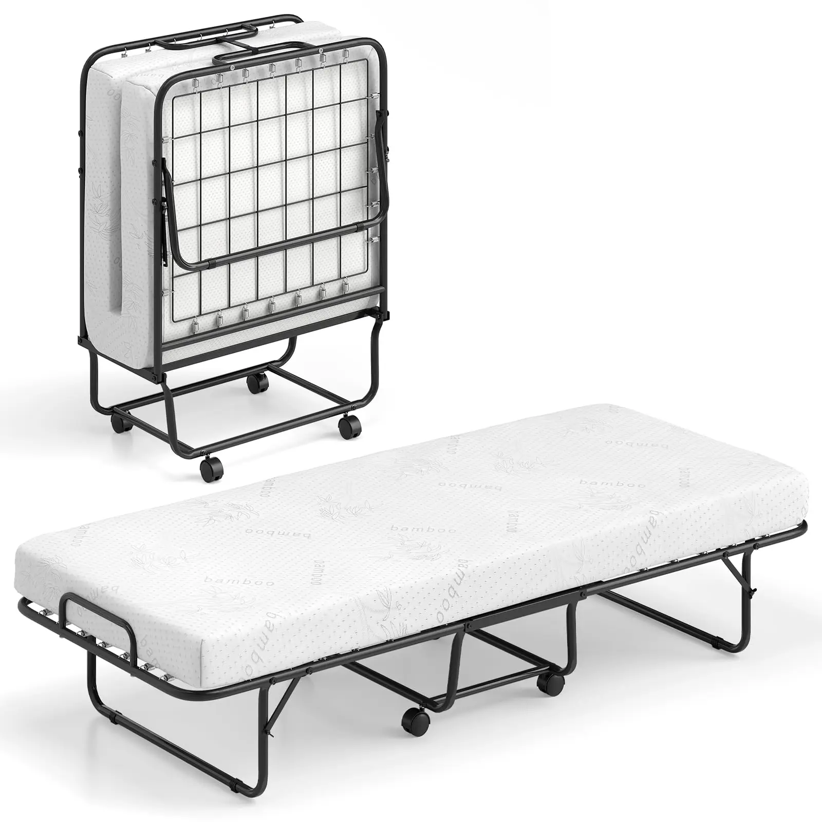 Folding Bed With Memory Foam Mattress For Adults Heavy Duty Metal Frame Portable Rollaway Bed 75x31 Inch
