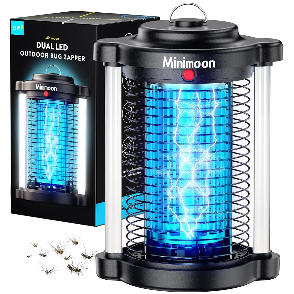 Miniimoon Bug Zapper Zewnętrzna pułapka na komary z podwójnym światłem LED 4200V Fly Zapper 15W Elektryczne pułapki na muchy Zewnętrzna pułapka na owady IPX4