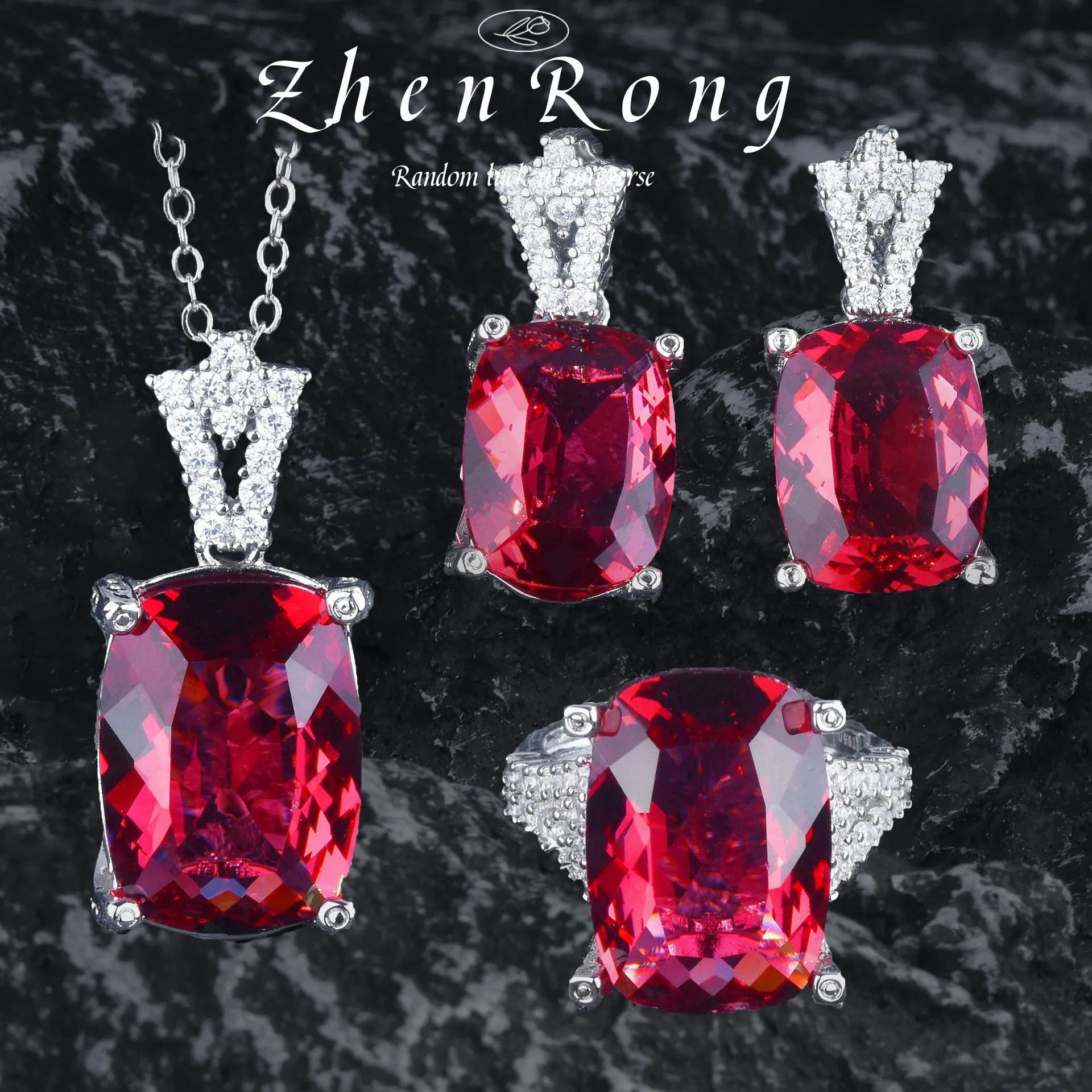 Luxury Shiny CZ Rose Red Zircon Silver Color Earrings Rings Necklaces Jewelry Sets Best Wedding Engagement Party Jewelry
