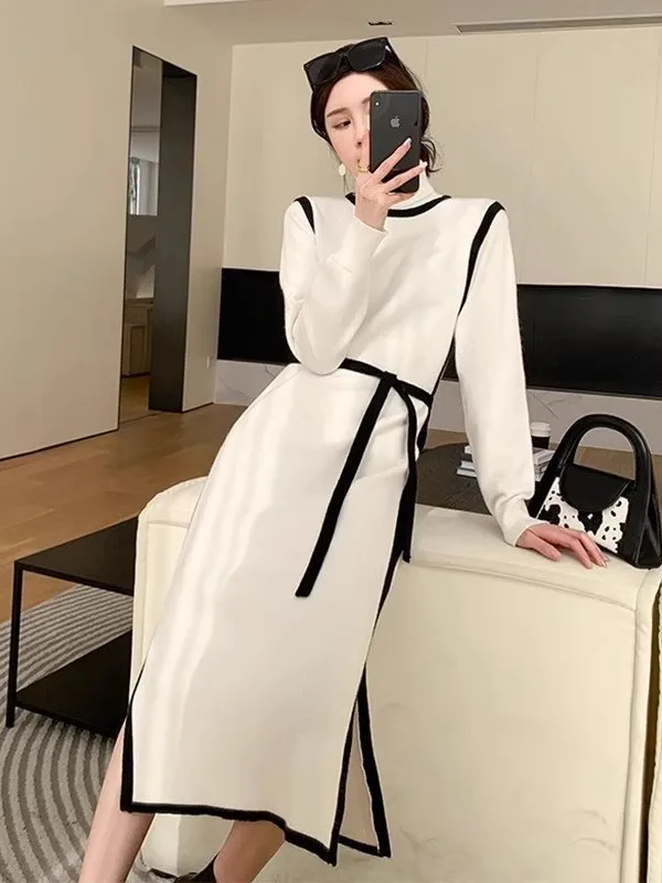 Ele malha longa camada base sve dr coreano sle commute cor pura fibra de poliéster ajuste solto cena casual