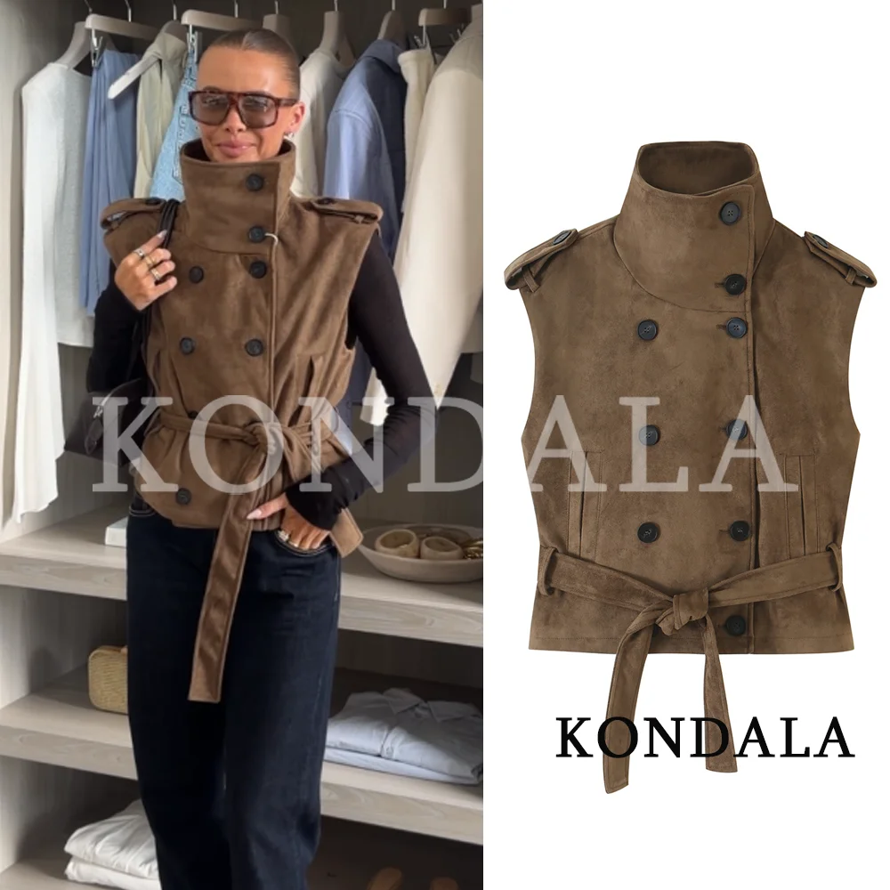 KONDALA Damen Vintage Wildlederimitat Weste Jacke mit Stehkragen und Gürtel, doppelreihig, Herbst/Winter 2026, trendige Streetwear Freizeitweste