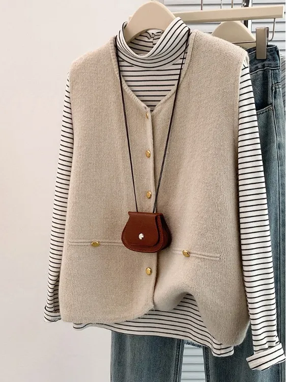 

Women's plus Size Knitted Vest Korean Sle Thiened Autumn Winter Jaet Top V-Ne Single Button Closure Color