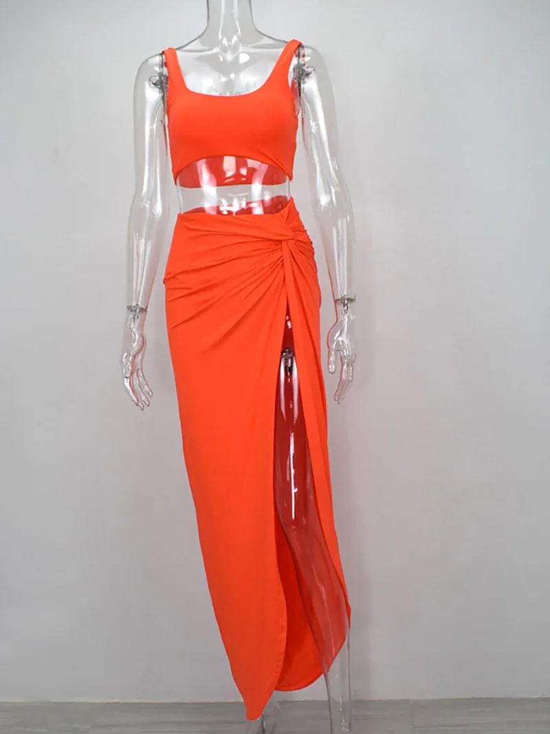 2024 Sexy Two-Piece Outfits Women Party 2 Piece Set Clubwear Sleeveless Summer New Twist Side Split Long Skirts Matching Set