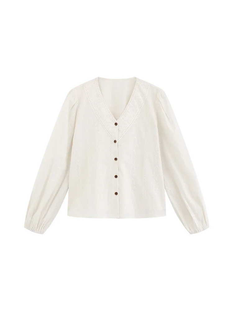 Vintage V Neck Lantern Sleeve Blouse Women Loose Fit Chinese Style Spring Shirt Casual Elegant Office Lady Tops for Daily Wear