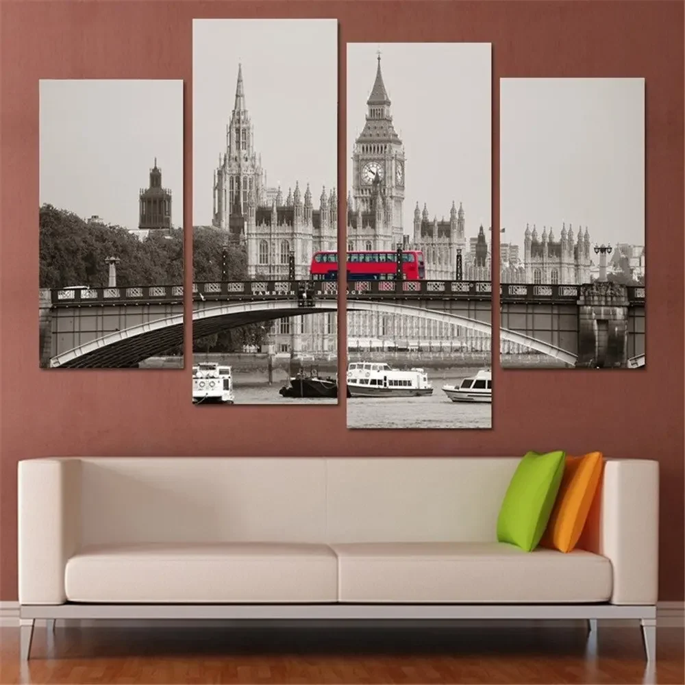 No Framed Wall Art Canvas Posters 4 Panel Retro London Big Ben Red Bus Wall For Living Room Home Decor Painting Modular Pictures