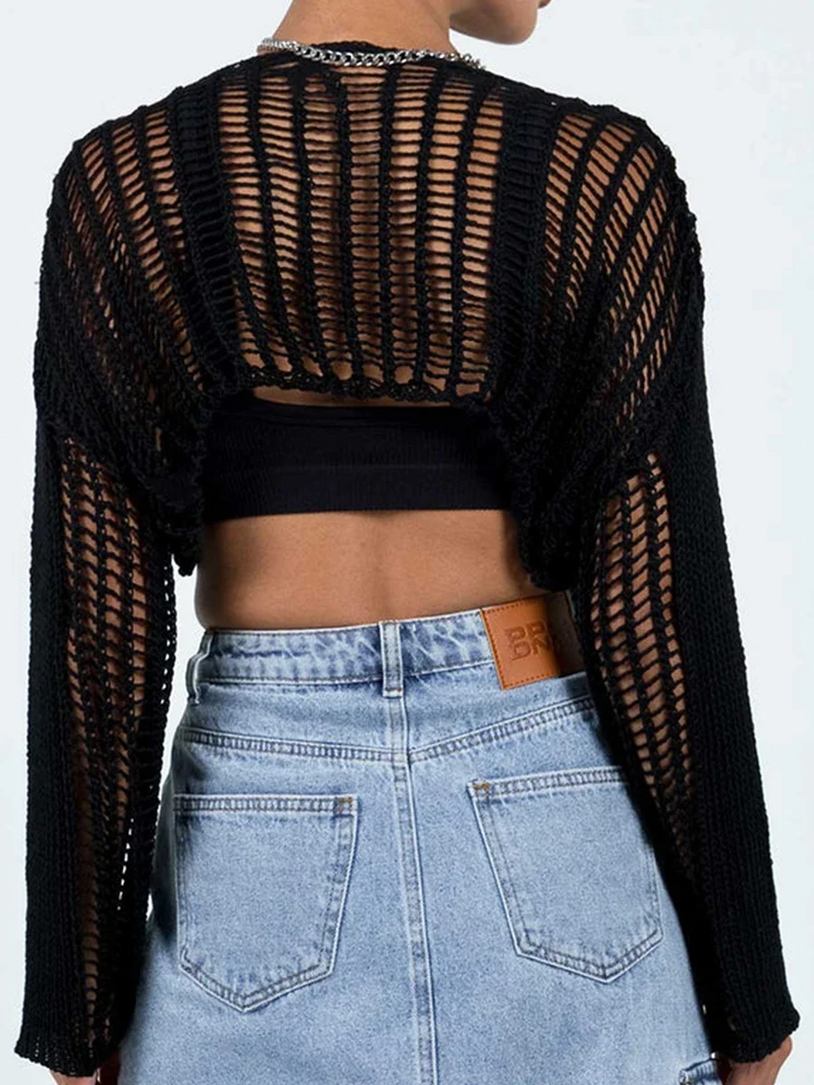 Womens Y2K Knitted Crop Tops Shrugs Patchwork Crochet Hollow Out Long Sleeve Off-Shoulder Loose Shirt Sweater Crochet Cover Up