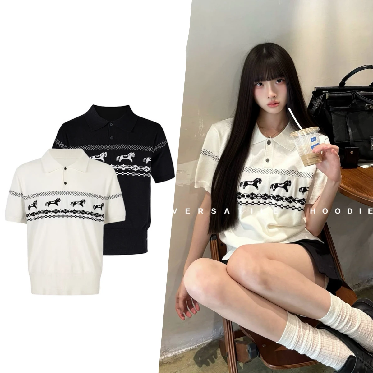 women's t-shirt Off campus pony jacquard lapel breathable and comfortable Polo knit shirt short sleeved Tee