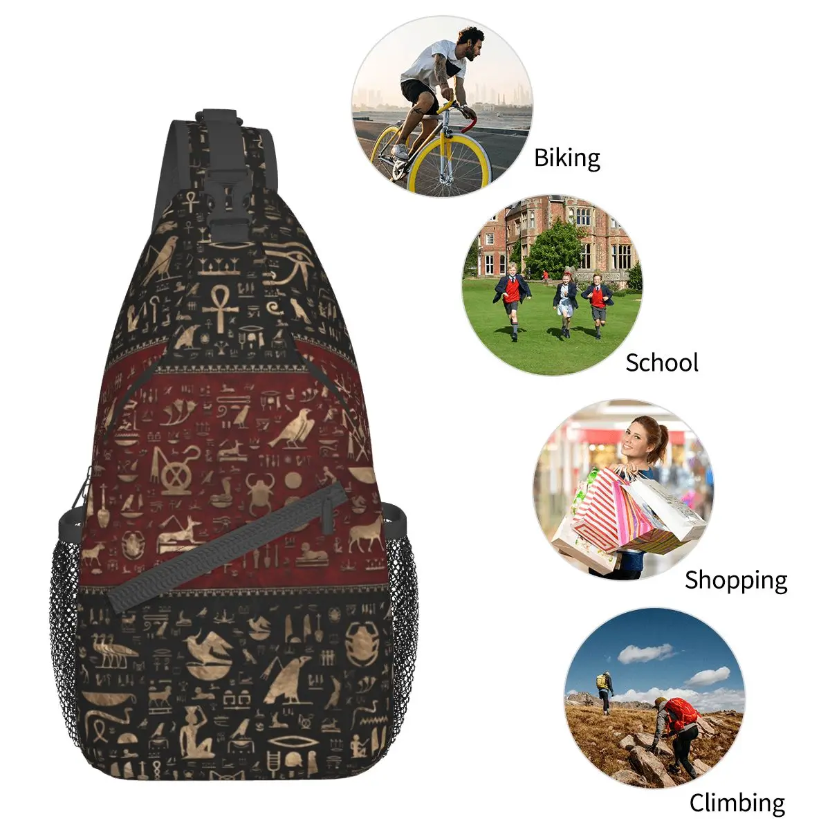 Egyptian Hieroglyphs Small Sling Bags Chest Crossbody Shoulder Sling Backpack Outdoor Sports Daypacks Egypt Deities Gold Pattern