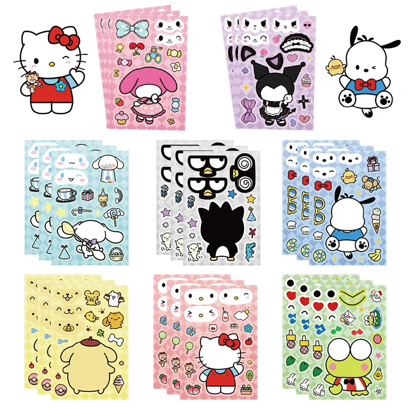 

8/16Sheets Kuromi Hello Kitty Pompompurin Puzzle Stickers Make-a-Face Assemble Decal Assemble Jigsaw DIY Children Girl Toy Gift