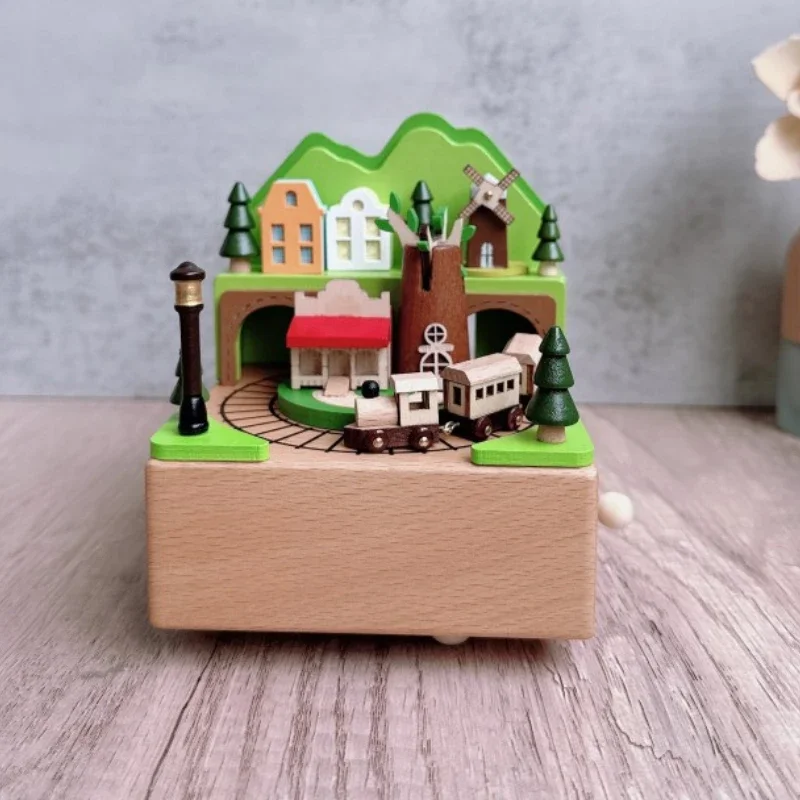 

Small Train Animal Ferris Wheel Hand Wind-up Music Box Wooden Music Box Handmade Wooden Crafts Home Decoration Pieces