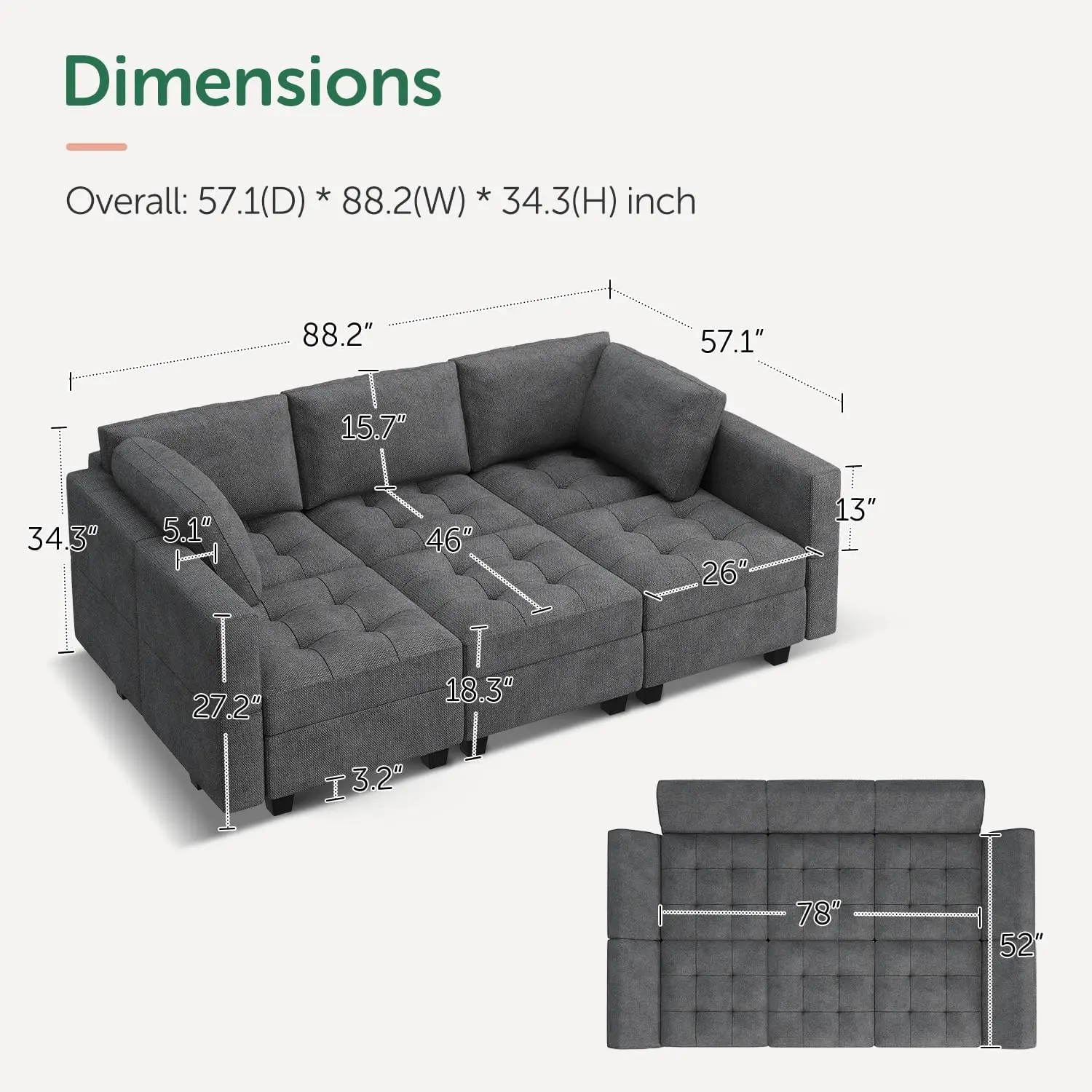 HONBAY Modular Sectional Sofa with 0ttomans Sleeper Sectional Couch for Living Room Sofa Bed Couch with Storage Dark Grey