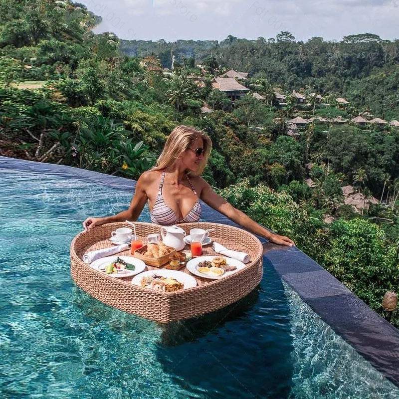 Creative Bali Rattan Floating Tray Waterproof Food Drink Serving Basket for Swimming Pool Villa Homestay Hotel Outdoor Leisure