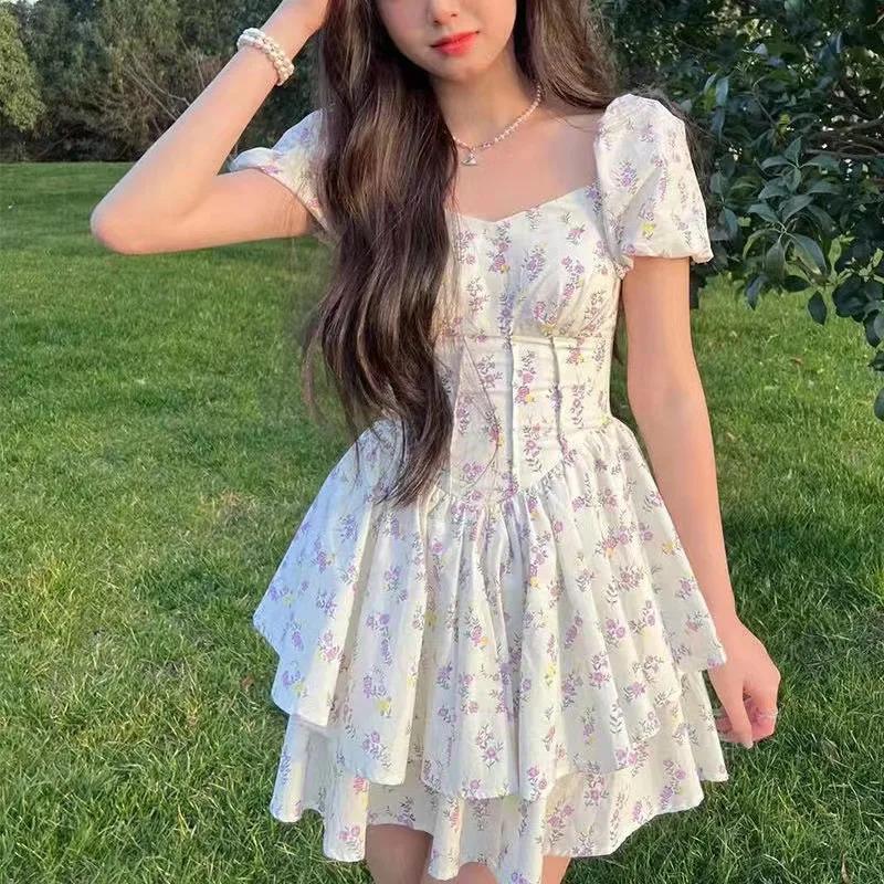 Dresses Women Defined Waist Princess All-match Floral Gentle Stylish Japanese Style Summer Puff Sleeve Students Vestidos Popular