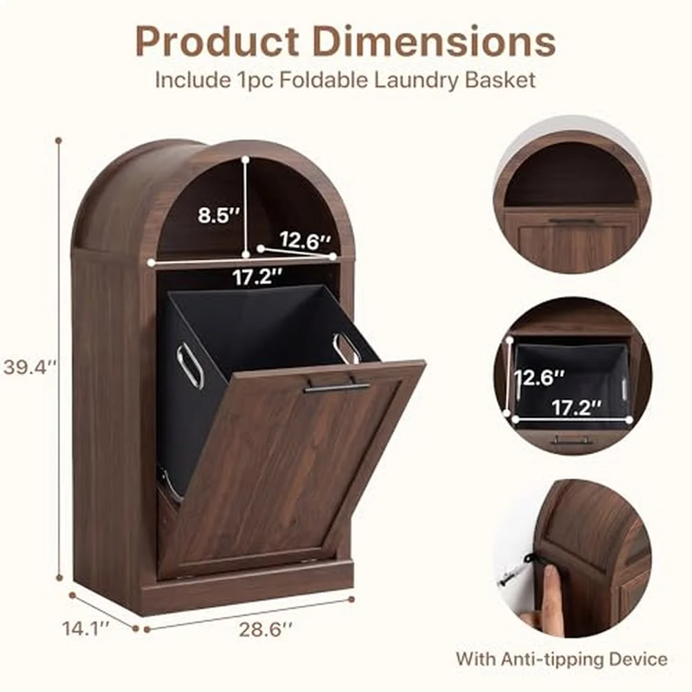 Arched Tilt Out Trash Can Cabinet Laundry Hamper Cabinet with Foldable Laundry Basket Wooden Hidden Garbage Can