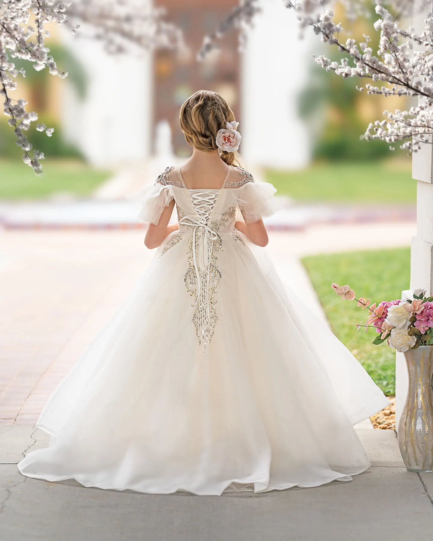 Jill Wish Luxury Arabic Ivory Flower Girl Dress 2025 Pearl Beaded Princess Gown for Kids Wedding Birthday Party Pageant J009