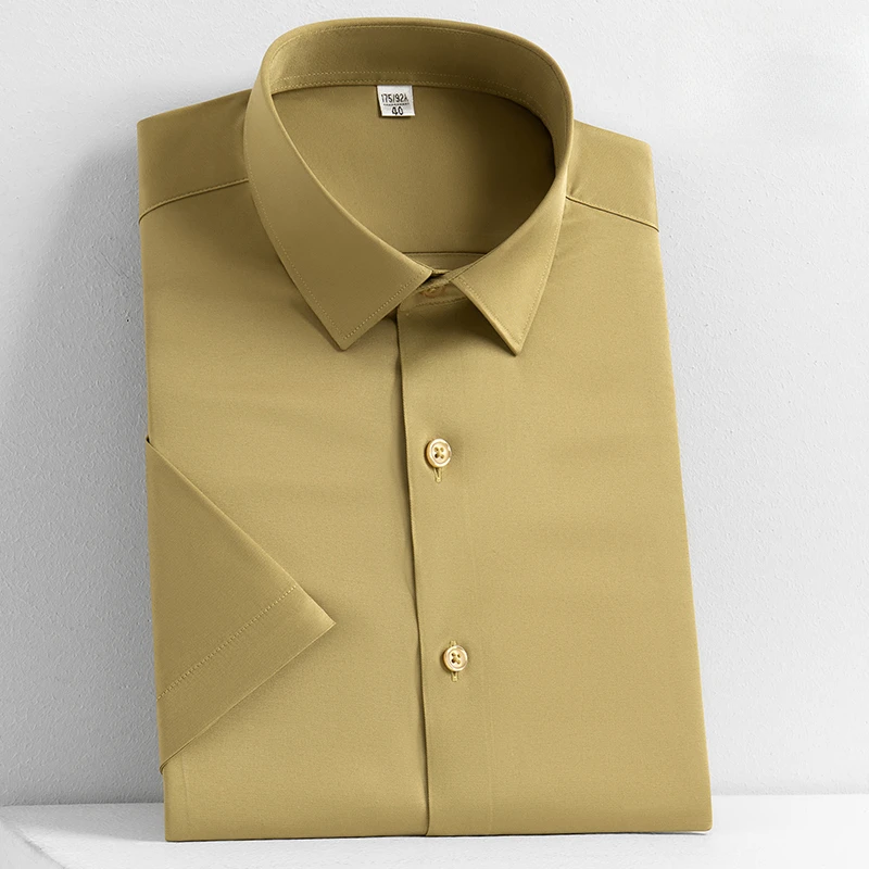 New in shirt Silk elastic short sleeve shirts for men slim fit formal plian shirt solid color office business elegants clothes