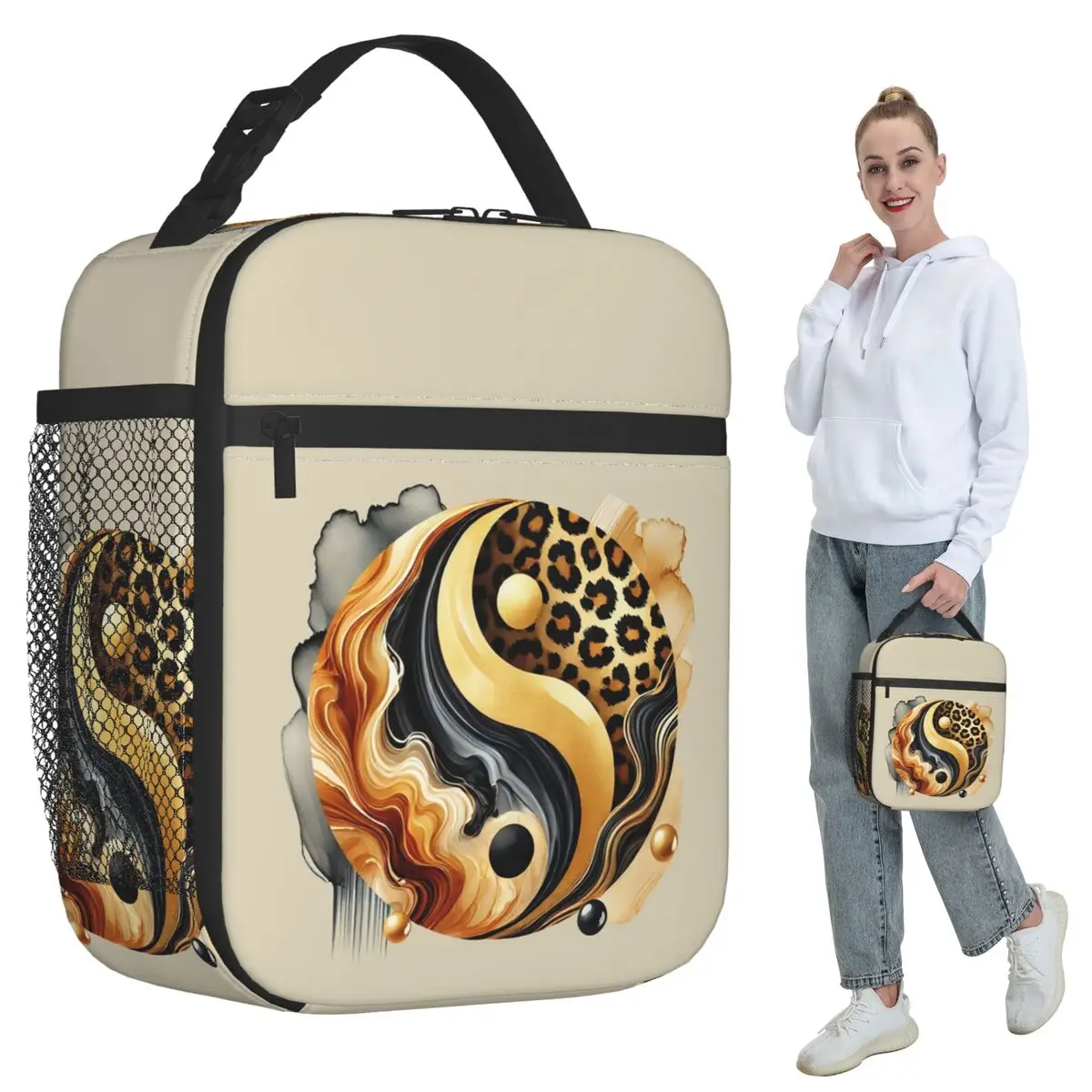 Leopard Yin Yang Luxury Gold Marble Balance Design Insulated Lunch Bag for Women Office Cooler Thermal Food Box Tote Lunch Boxes