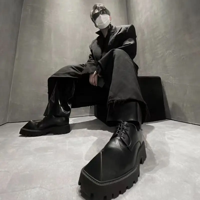 2025 Men's Big Head Leather Niche Design Casual Platform Rhino Horn Square Single Sneakers Derby Shoes