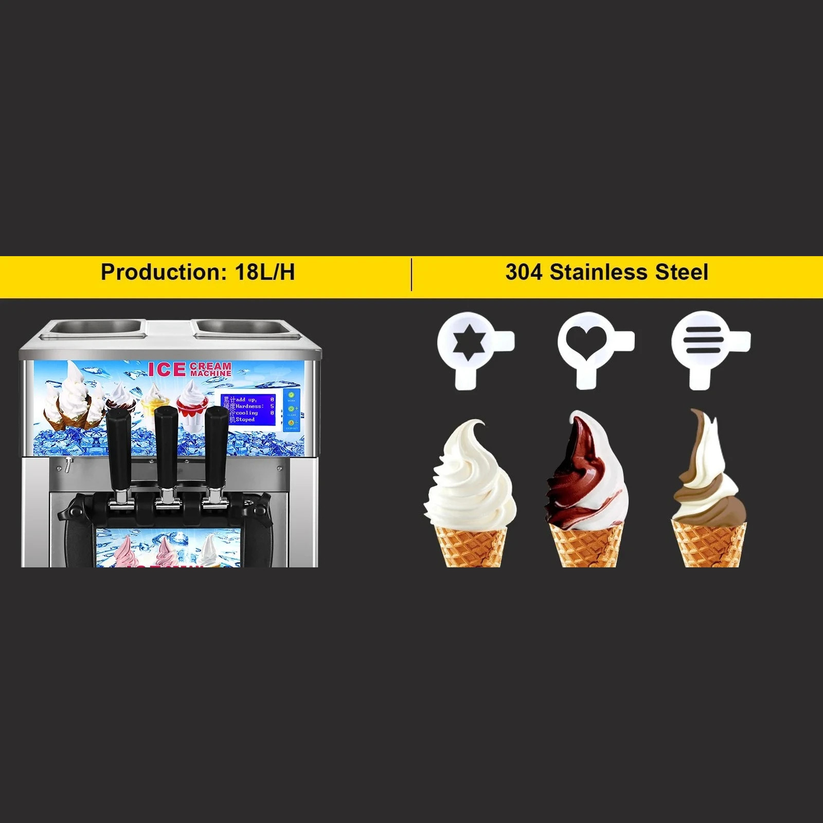 SIHAO Countertop Commercial Soft Serve Ice Cream Maker, 18L/H 3-Flavor Frozen Yogurt Machine, 1200W Compressor with LCD Digital Panel, Stainless Steel Build & One-Touch Self-Cleaning for Dessert Shop, Cafe and Snack Bar