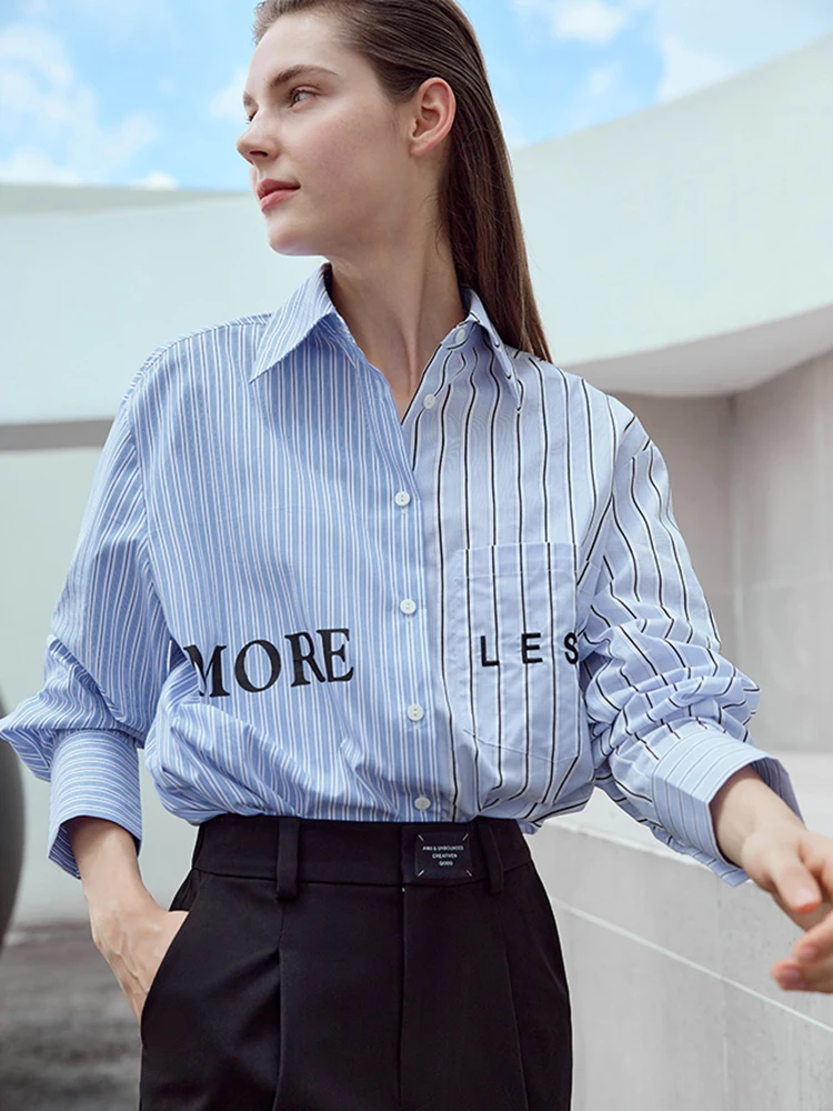 AMII Minimalism 2024 Spring Women\'s Shirt New Letter Striped Printing Loose Full Sleeve Side Slit Mid-length Female Top 12343089