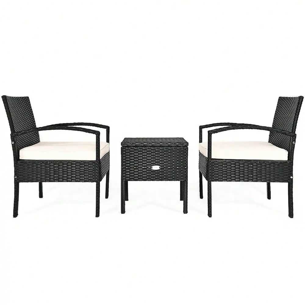 

3PCS Rattan Patio Conversation Set Outdoor Furniture Set w/ Storage Table